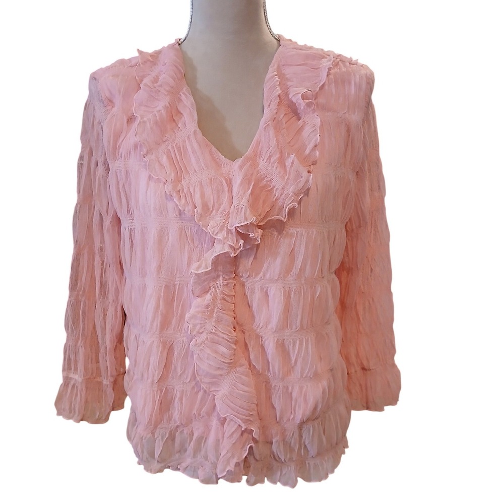 Massini Pink Ruffled V-Neck Blouse Mesh Pleated Top Large Fairy Feminine Stretch